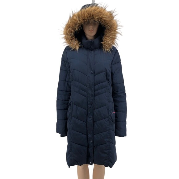 Tommy Hilfiger Jackets & Blazers - Tommy Hilfiger Navy Knee Length Puffer Down Filled Fur Trim Hood Parka Coat